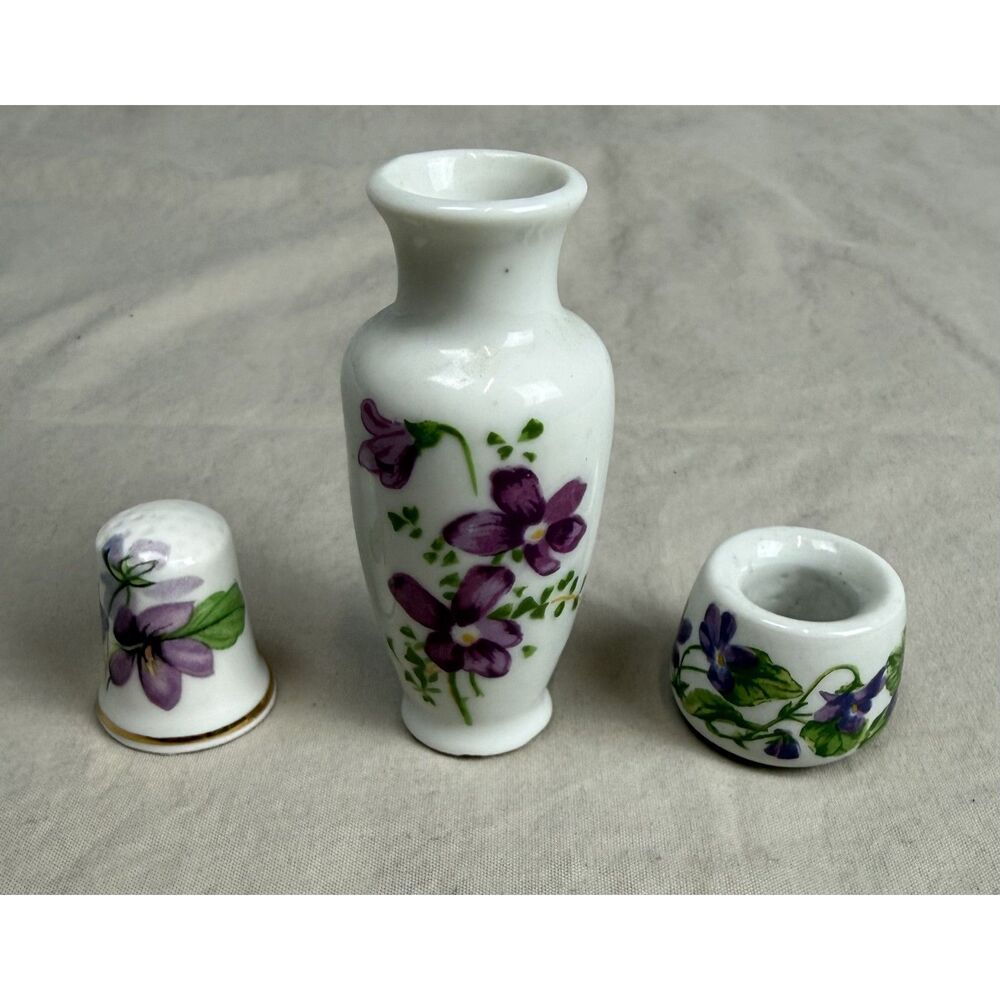 Vintage Miniature Bone China Vase Thimble Lot of 3 Purple Violets England